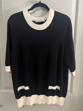 LOFT Black Sweater with Cream Rib Trim